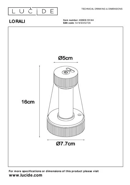 Lucide LORALI - Oplaadbare Tafellamp Binnen/Buiten - Accu/Batterij - LED Dimb. - IP44 - Okergeel - technisch